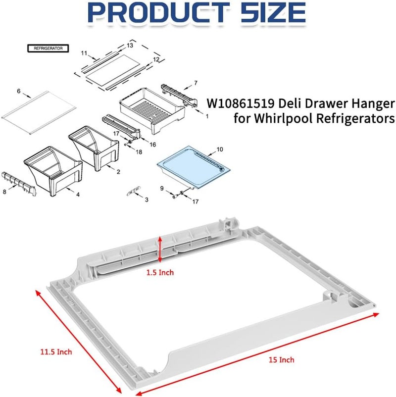 KOZHOM [Upgraded] W10861519 Deli Drawer Hanger, Refrigerator Meat Drawer Shelf Holder for Whirlpool WRT148/WRT311/WRT318, Replaces W10628698, 4382323, AP5999492 - Image 2